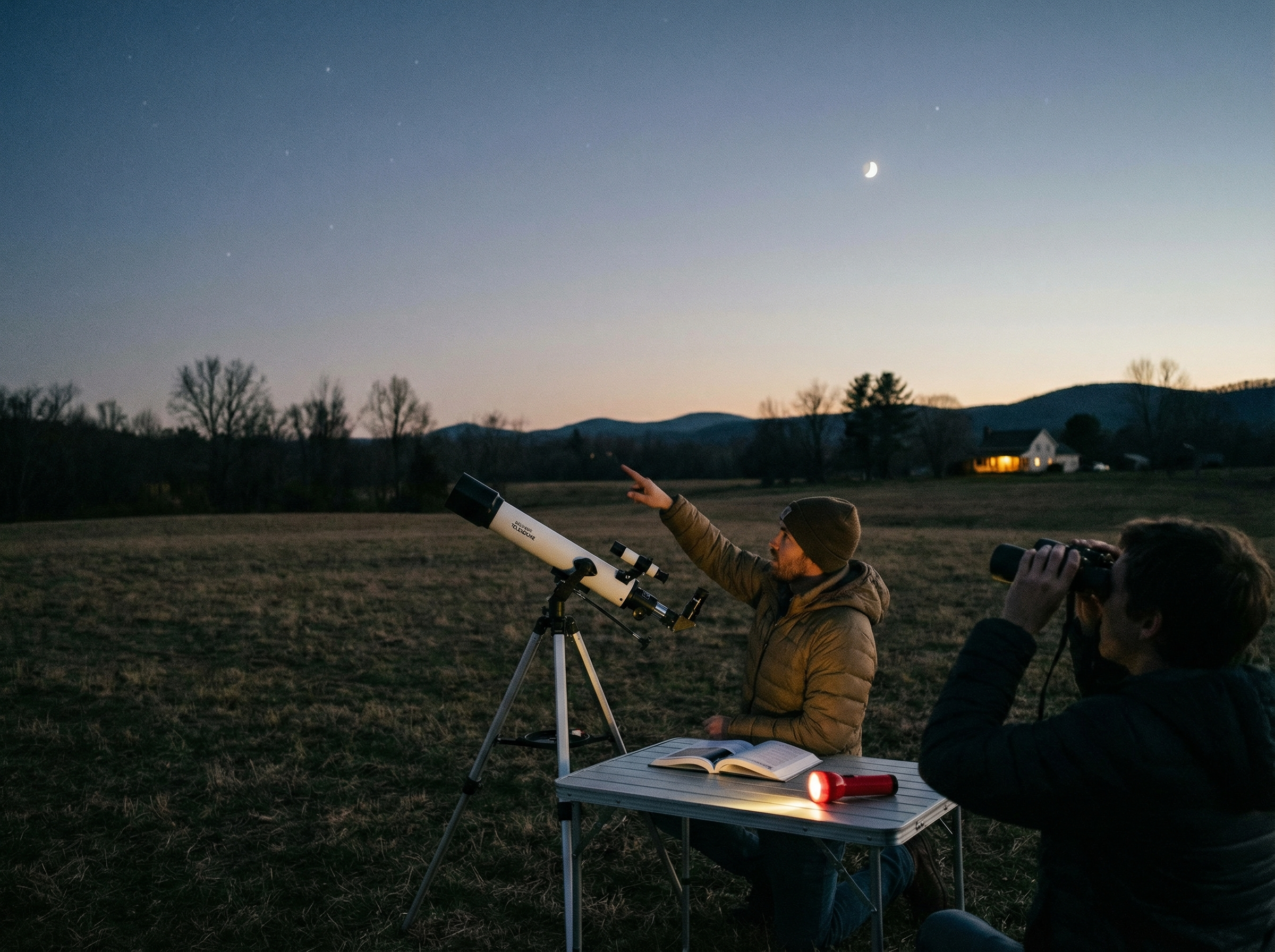 A beginner telescope set up under a clear night sky